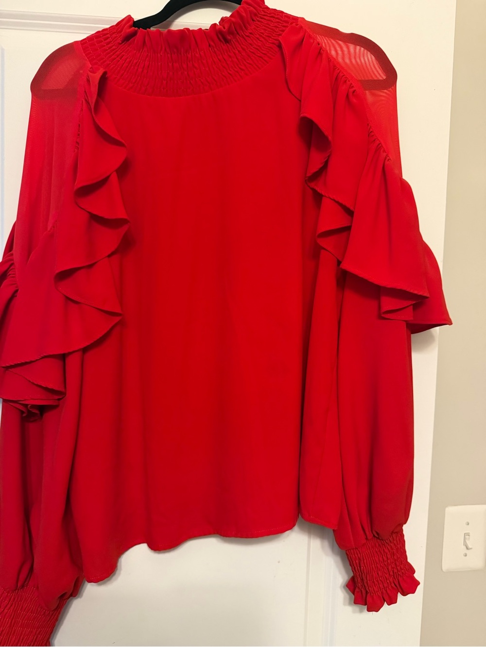 Gracia Red Ruffle Cold-Shoulder Blouse